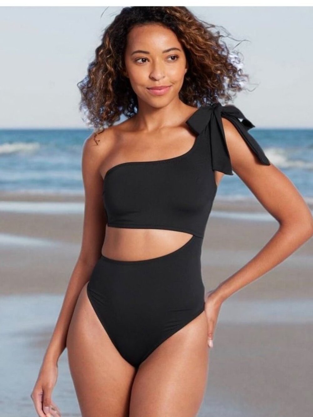 Shade & Shore Black Cutout One Shoulder Swimsuit NWT M